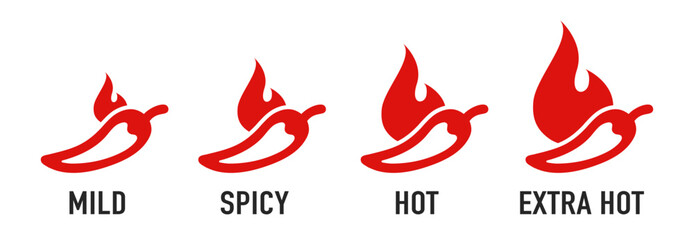 Spicy chili pepper hot fire flame icons. Spice level marks: mild, spicy, hot and extra hot. Fire Chili logo symbol. Spice food symbol icon