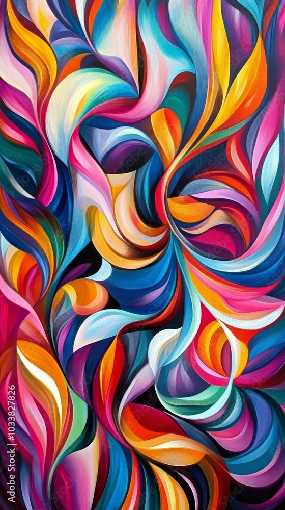 Poster abstract painting with bold, swirling strokes of vibrant colors creating a sense of movement and ene