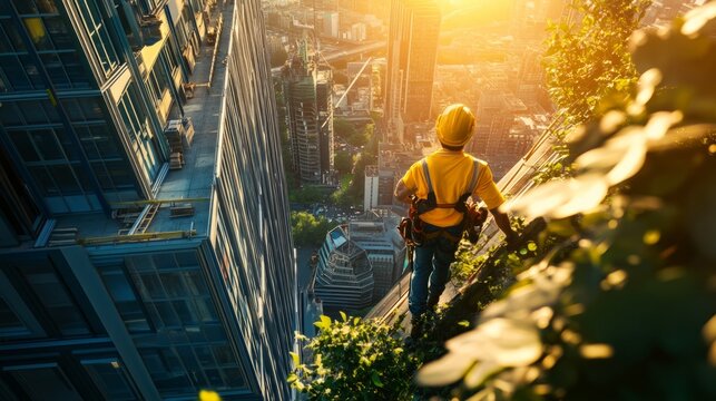 A construction worker climbs a green building surrounded by city skyscrapers. The glowing sun adds warmth and hope. Urban nature meets industry. Generative AI