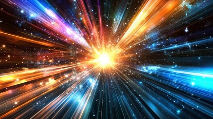 Naklejka premium Vibrant abstract background illustrating high-speed space travel with colorful lights, stars, and nebulae, conveying a sense of rapid motion