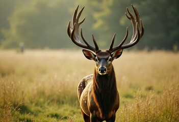 Male Deer with Large Antlers in Field  .