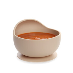 Delicious baby food in bowl isolated on white
