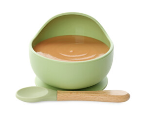 Delicious baby food in bowl and spoon isolated on white