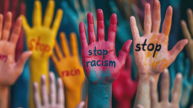 Colorful hands with diversity with message "stop" "racism" , antiracism concept image background