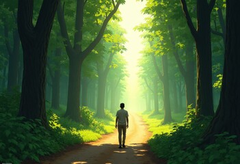Fototapeta premium Man Walking Through Forest Path .