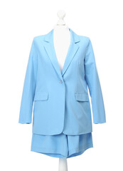 Mannequin with new stylish jacket and shorts isolated on white