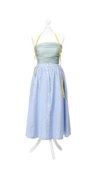 Mannequin with skirt, shirt and measuring tape isolated on white. Creating new outfit