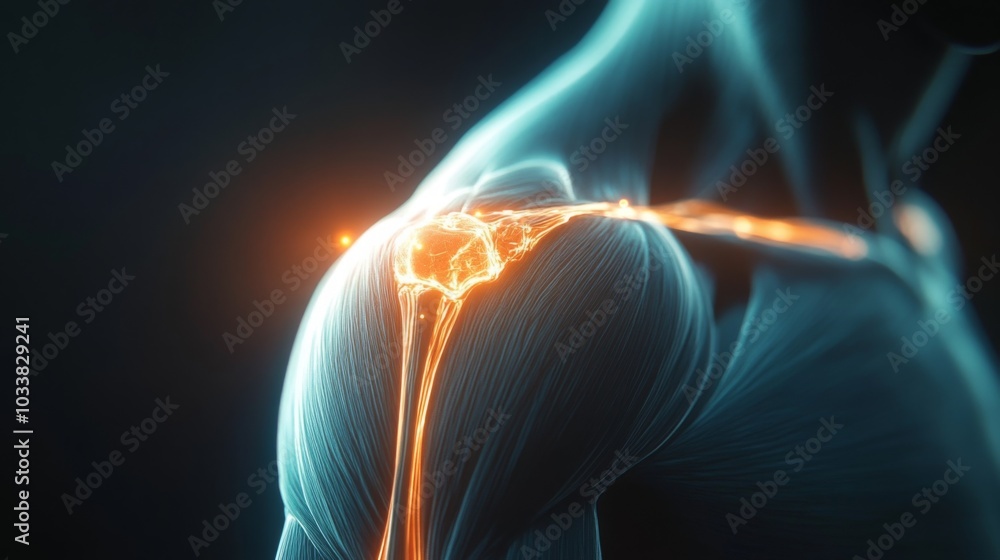 Poster an anatomical illustration of a human shoulder joint. the image is close up on the joint and highlig