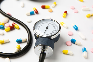 Blood pressure measuring device and pills on white background, closeup
