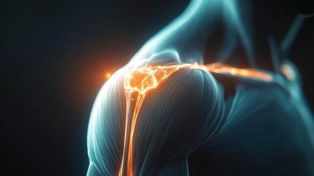 An anatomical illustration of a human shoulder joint. The image is close up on the joint and highlights the bones and muscles.