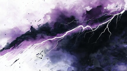 Purple Lightning Storm: A dramatic watercolor painting depicting a powerful lightning bolt cutting through a stormy purple sky.