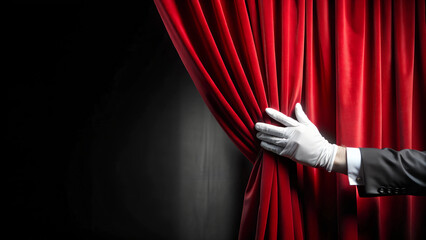 Elegant hand in white glove pulling red curtain aside on dark background