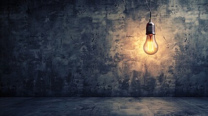 Dark empty room with single flickering light bulb casting long shadows, emphasizing absence of power and eerie atmosphere, minimalist setting with focus on light bulb's glow.