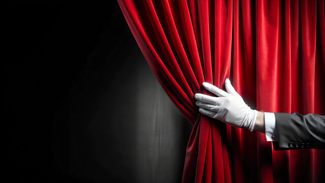 Elegant hand in white glove pulling red curtain aside on dark background