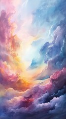 Ethereal and wondrous: abstract clouds painted in a colorful sky, blending pink, blue, purple, orange, and yellow hues seamlessly