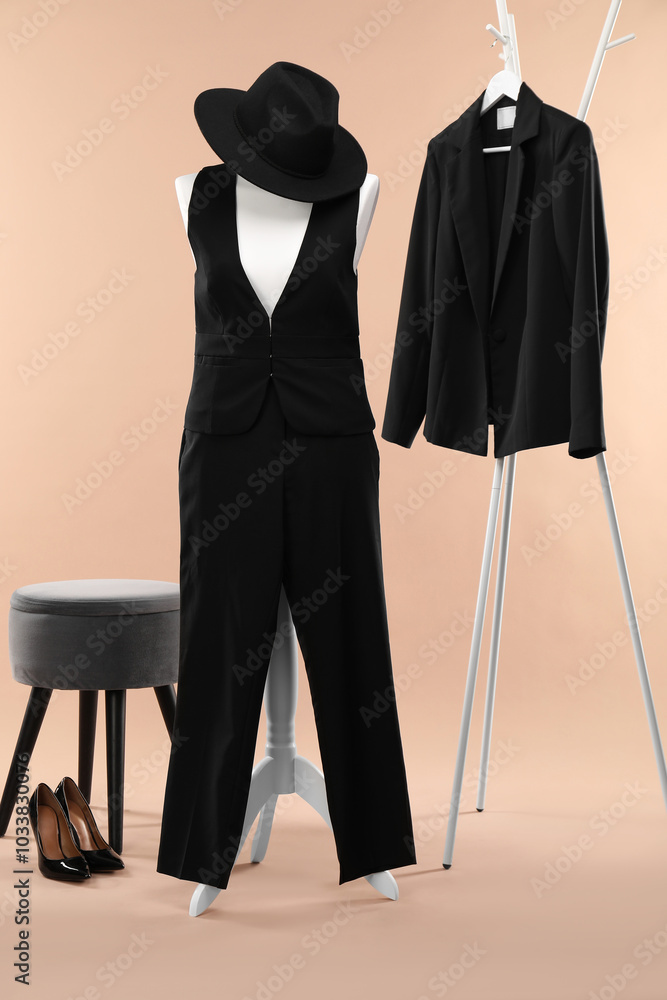 Poster Female mannequin with suit, hat, ottoman, rack, jacket and shoes on beige background