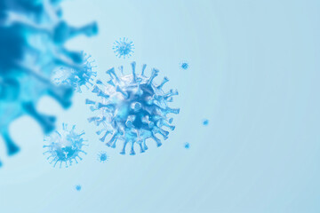 Blue Covid, respiratory virus molecules, on a blue background, in the air. Banner 3d seasonal flu, rotavirus, pandemic and epidemic formation, advertising and news copyspace