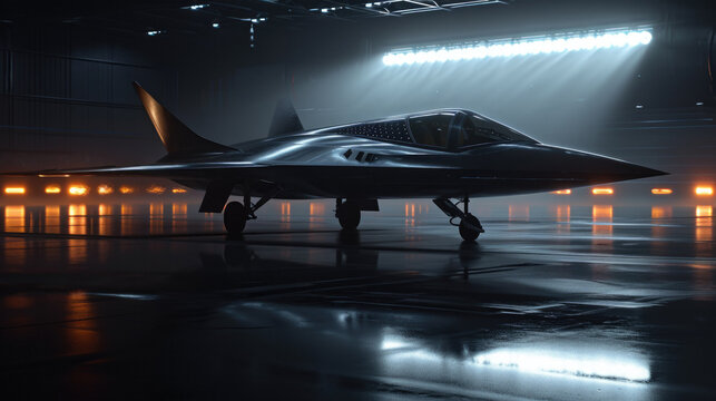 A fighter jet is currently parked on a wet runway during the night