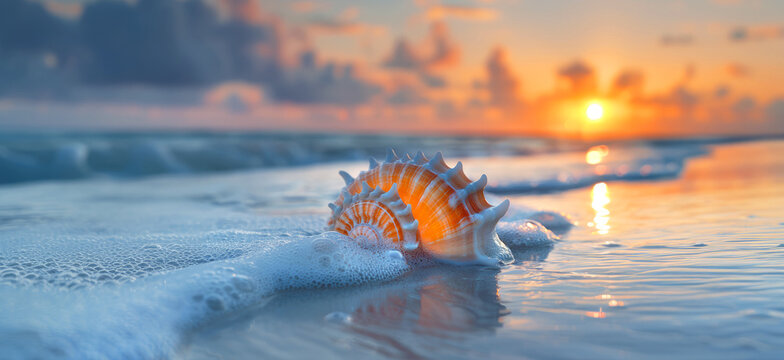 A vibrant seashell washed ashore on a sandy beach, bathed in the warm glow of a setting sun, summer banner.