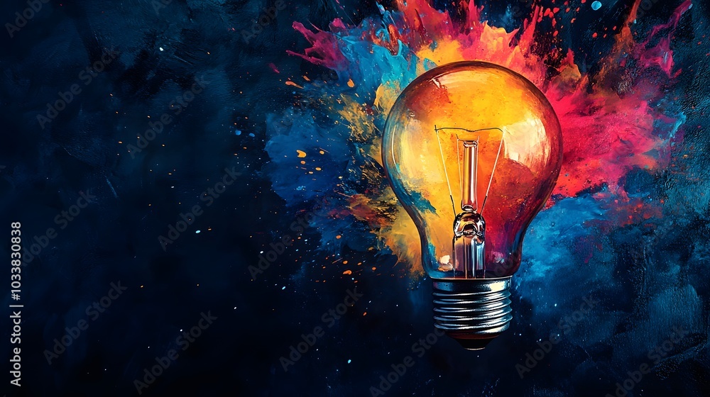 Poster lightbulb erupting with colorful paint splashes