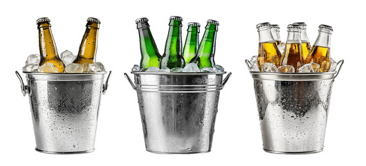 Set of beer bottles in a ice buckets isolated on transparent background. Generative AI