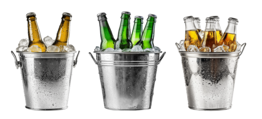 Set of beer bottles in a ice buckets isolated on transparent background. Generative AI