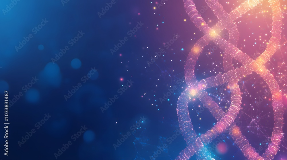 Poster abstract representation of a dna double helix with glowing particles