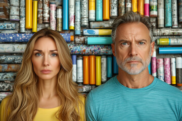 Fototapeta premium A man and a woman are standing in front of a wall of books. The man is wearing a blue shirt and the woman is wearing a yellow shirt.