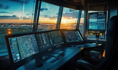Airport Control Tower at Sunset with Flight Monitors