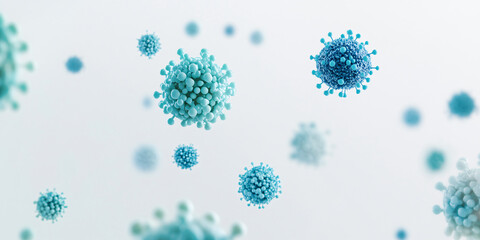 Naklejka premium Blue Covid, respiratory virus molecules, on a white background, in the air. Banner template 3d seasonal flu, rotavirus, pandemic and epidemic formation, advertising and news