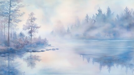 Misty Morning Reflections: A serene watercolor painting captures the ethereal beauty of a misty forest lake, where the tranquility of nature is mirrored in the water's surface.