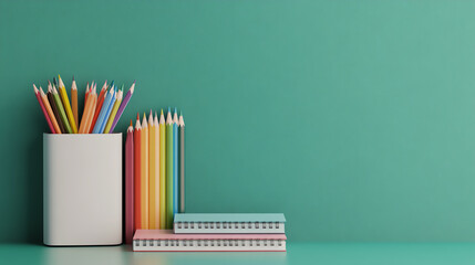Fototapeta premium A collection of colorful pencils in a white holder next to stacked notebooks on a sleek surface, against a vibrant teal background.