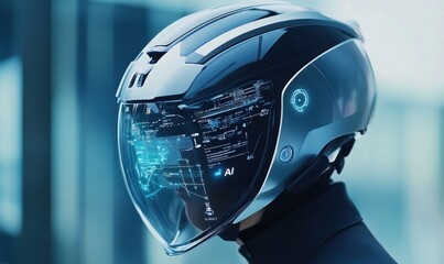 Futuristic AI Helmet Displaying Holographic Interface