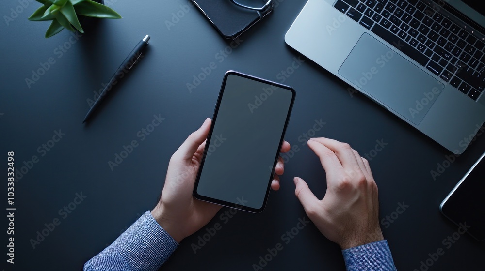 Poster man using a smartphone at a desk