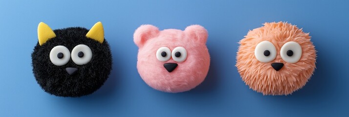 Fototapeta premium Colorful cute plush toy characters on blue background.