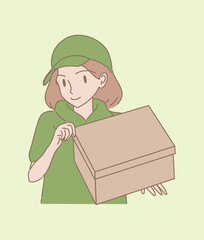 Delivery worker wearing cap,  holding cardboard. Delivery service worker lifting box. Hand drawn flat cartoon character vector illustration. 