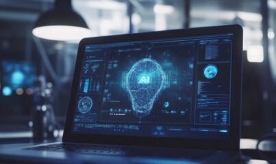 AI Interface on Laptop in Futuristic Office Setting