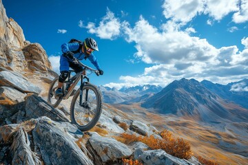 Fototapeta premium Adventurous Biker Riding Down a Rocky Cliffside in Scenic Mountainous Region