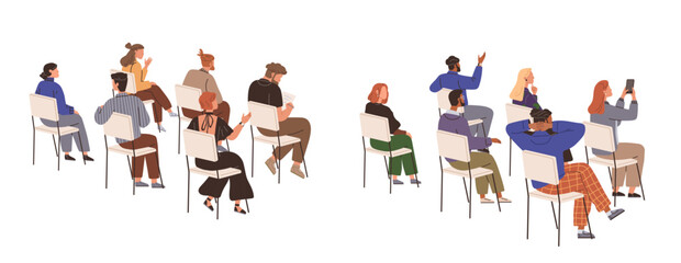 Obraz premium A diverse group of people sitting on chairs arranged in rows, actively participating or observing. Ideal for themes like education, community, teamwork, diversity, and group discussion. Modern and