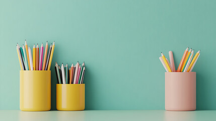 Fototapeta premium Colorful pencils arranged in vibrant containers on a minimalist desk against a soothing teal background, perfect for creative inspiration.