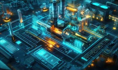 Futuristic Smart Factory with Neon Lights and Digital Overlay