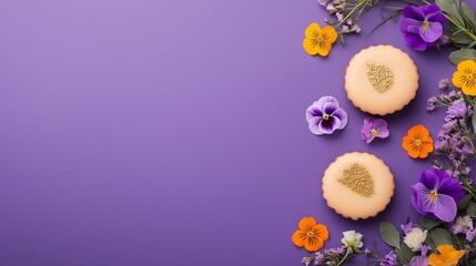Obraz premium Delicate cookies surrounded by vibrant flowers on a purple background.