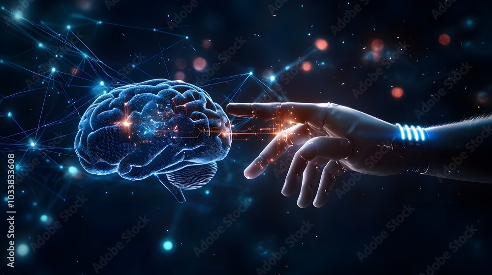 Poster robotic hand reaching towards a digital brain with neural network connections