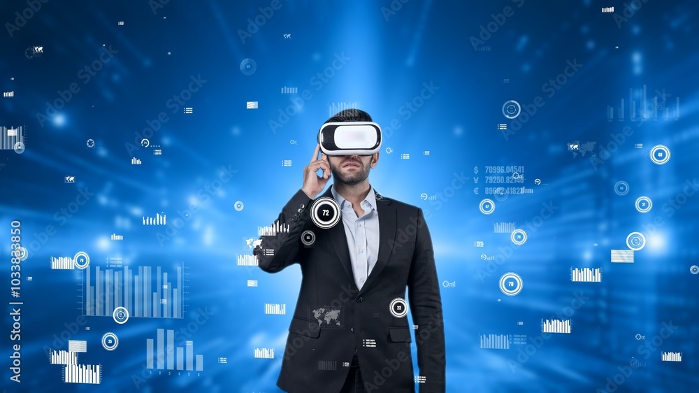 Poster project manager wearing vr headset while analyzing at financial statistic. business man wearing virt