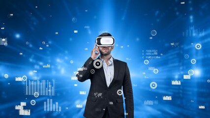 Project manager wearing VR headset while analyzing at financial statistic. Business man wearing virtual reality goggle while checking and looking at statistic chart. Technology innovation. Apparatus.