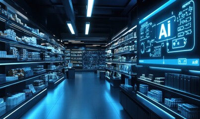 Futuristic AI-Integrated Supermarket Interior