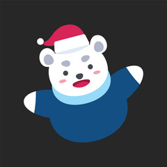 snow bear wearing santa hat and blue shirt in flat vector design.