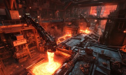 Industrial Steel Foundry with Molten Metal Flowing