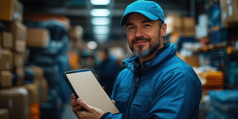 Fototapeta premium Smiling Warehouse Worker Holding a Tablet in a Storage Facility
