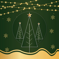 Christmas green background with tree with stars and snowflakes